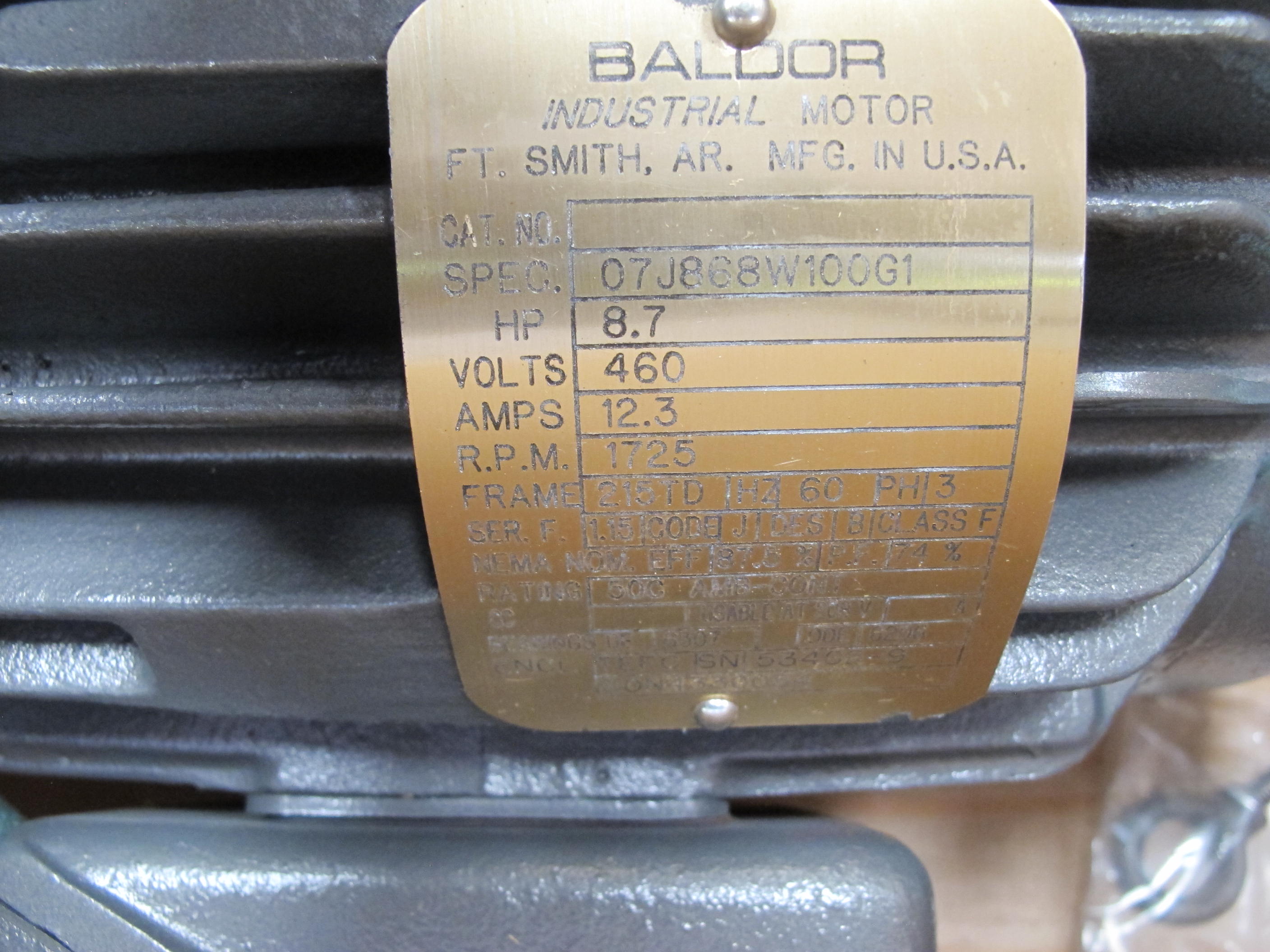 MOTOR, ELECTRIC TYPE, 8.7 HORSEPOWER, 460VAC ELEC RATING, 1725 RPM, INSULATION CLASS F, 215TD FRAME, 12.3 AMPS, TEFC, CAST IRON FRAME ENCLOSURE, CONTINUOUS DUTY, 1.15 SERVICE FACTOR, 1-3/8" SHAFT. DYNAMIC SOLUTIONS DRAWING SON43300540 REV H. SEE ATTACHMENT IN SERVICE FOR OBJECTS FOR: 1/8" THICK NEOPRENE GASKETS - JUNCTION BOX TO FRAME, JUNCTION BOX CENTER. ADD A NEOPRENE SLINGER A, PART # SON43300540 (MOD 1) (W-44) LOADING & HANDLING FEE $15-